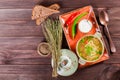 Vegetable soup, broth with noodles, herbs and vegetables in bowl Royalty Free Stock Photo