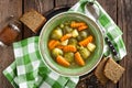 Vegetable soup with brussel sprouts on wooden rustic table Royalty Free Stock Photo