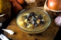 Vegetable soup mushrooms glass bowl mushrooms