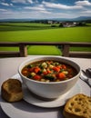 Vegetable soup on the old countryside restaurant, pastel art Royalty Free Stock Photo