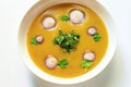 Vegetable soup with onion circle and chive