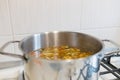 Vegetable soup in the pan in the kitchen on the stove. Dinner time. Ready to eat Royalty Free Stock Photo