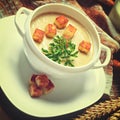Vegetable soup with pieces of toasted bread and parsley. Royalty Free Stock Photo
