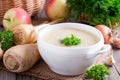 Vegetable soup puree with vegetables on a wooden table Royalty Free Stock Photo