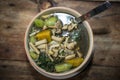 Vegetable Soup, Rattan Curry on wooden table Royalty Free Stock Photo