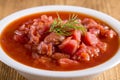 Vegetable soup - red borsch, closeup. Healthy beetroot soup, vegetarian food. Ukrainian and russian national food - red beet soup, Royalty Free Stock Photo