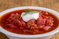 Vegetable soup - red borsch, closeup. Healthy beetroot soup, vegetarian food. Ukrainian and russian national food - red beet soup, Royalty Free Stock Photo