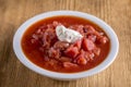 Vegetable soup - red borsch, closeup. Healthy beetroot soup, vegetarian food. Ukrainian and russian national food - red beet soup, Royalty Free Stock Photo