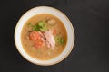 Vegetable soup with salmon in white bowl over black background. Dinner concept, healthy hot soup Royalty Free Stock Photo