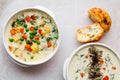 Vegetable soup with tomato, celery, carrot, zucchini, onion, pepper, broccoli. Top view, two plate. Two slices on lime Royalty Free Stock Photo