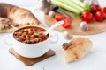 Vegetable soup in white bowl on wooden table Royalty Free Stock Photo