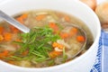 Vegetable soup in white soup bowl, silver dipper inside