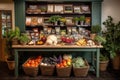 vegetable stand with fresh produce, spices, and cookbooks on display