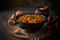 Vegetable stew with chickpeas, carrot, onion and garlic on black background