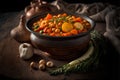 Vegetable stew with chickpeas, carrots, potatoes and herbs in a ceramic bowl.