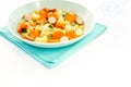 Vegetable Stew with Sausage in Blue Soup Bowl Royalty Free Stock Photo