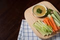 Vegetable sticks. Fresh celery and carrot, cucumber with sauce. Royalty Free Stock Photo