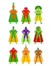 Vegetable superhero set. Super Team Vegetables in mask and raincoat. Strong Tomato and cabbage. Bell pepper and eggplant. Potatoes