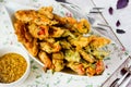 Vegetable tempura. Fried vegetables: carrot, eggplant and pepper