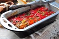 Vegetable Tian, peppers and eggplant baked with olive oil and garlic. French cuisine