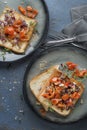 Vegetable toast sandwiches with tomato, onion and herbs sauce