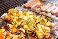 Vegetable tofu and hot dog grilling on grill Royalty Free Stock Photo