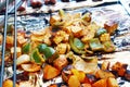 Vegetable tofu and hot dog grilling on grill Royalty Free Stock Photo