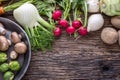 Vegetable. Top view assortment fresh vegetable on old oak table