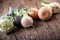 Vegetable. Top view assortment fresh vegetable on old oak table