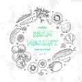 Vegetable vector circle with cucumber, tomato, eggplant, potato, carrot, broccoli. Healthy food design template with