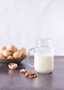 Vegetable walnut milk in a glass cup with a handle. Walnuts in a plate in the background. Healthy drinks, vegetarianism. Side view