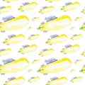 Vegetable zucchini in the form of a submarine. Comic watercolor illustration isolated on white background.Seamless pattern