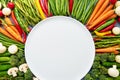 Vegetables background with empty white plate in the middle. Carr