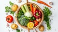 Vegetables in basket isolated on white background. Cabbage, celery, potato, pepper, onion, carrot, garlic, lemon, tomato, and Royalty Free Stock Photo