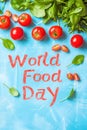 Vegetables on blue background with text World Food Day Royalty Free Stock Photo