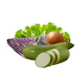 Vegetables: cabbage, zucchini, onion, garlic, salad