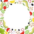 Vegetables in a cartoon style. Vector illustration. Round frame with empty space for text with tomato, avocado, olive Royalty Free Stock Photo