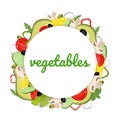 Vegetables in a cartoon style. Vector illustration. Round lettering template. Tomato, avocado, olive, mushroom, lemon