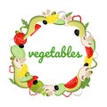 Vegetables in a cartoon style. Vector illustration. Round lettering template. Tomato, avocado, olive, mushroom, lemon