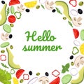 Vegetables in a cartoon style. Vector illustration. Square frame with lettering Hello Summer. Tomato, avocado, olive Royalty Free Stock Photo