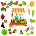 Vegetables color icons set. Organic food logo in the middle for web and mobile design