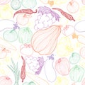 Seamless pattern with sketch vegetables and fruits