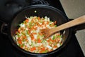 Vegetables cooking in a Dutch oven Royalty Free Stock Photo