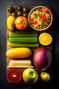 Vegetables with couscous on wooden board over black background.3d render