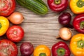 vegetables crop background onions garlic tomatoes, pepper, cucumber. top view Royalty Free Stock Photo