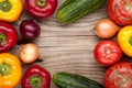 vegetables crop background onions garlic tomatoes, pepper, cucumber. top view Royalty Free Stock Photo