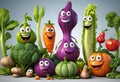Vegetables with cute faces characters on garden background. Generative AI Royalty Free Stock Photo