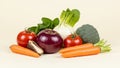 Vegetables displayed on a light surface includes a deep-purple onion, vibran Royalty Free Stock Photo