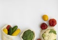 Vegetables in eco bag on white surface with a copy space. Pepper, tomato, corn, cucumber, broccoli, cauliflower in Royalty Free Stock Photo