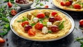 Vegetables Eggs Omelette with tomatoes, wild rocket, greek cheese, olives in a plate. Morning breakfast. healthy food Royalty Free Stock Photo
